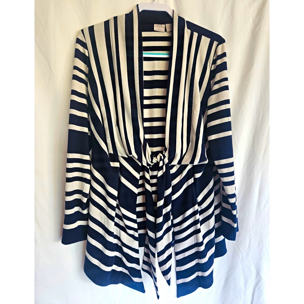Chico's Womens 2 Navy Beige Striped Open Front Tie Jacket Cardigan Lightweight